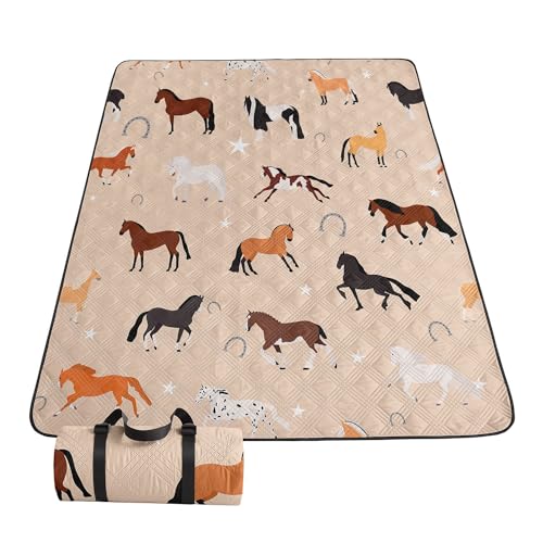 Smell Sunshine Outdoor Picnic Blanket,Portable Sandproof Waterproof Picnic Mat,Horses Printed Camping Beach Mat for Sand a...