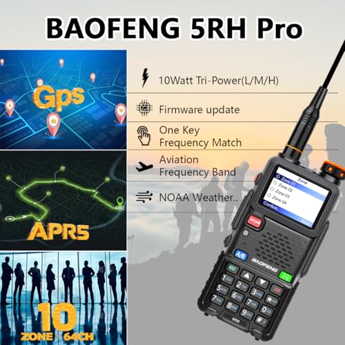 BAOFENG BF-5RH PRO GPS 10Ｗ Ham Handheld Radio, Multi-Band Long Range Two-Way Radio with 18.89'' Tactical Antenna, Aviatio...