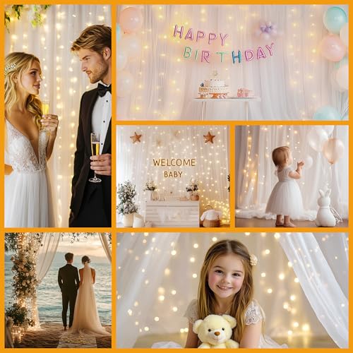 HOLITS White Tulle Backdrop with Fairy Lights for Parites Wrinkle-Free Sheer Curtain Drapes Photo Back Drop for Wedding Ba...