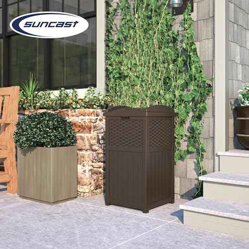 Suncast 33 Gallon Commercial Outdoor Trashcan Hideaway with Lid for 30 to 33 Gallon Trash Bags for Garage, Backyard, or Garden, Brown