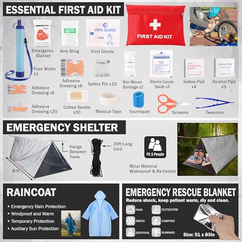 Gifts for Men Christmas Survival Kit, Survival Gear and Equipment 258 PCS with Water Filter, Emergency Tent, LED Lantern, ...