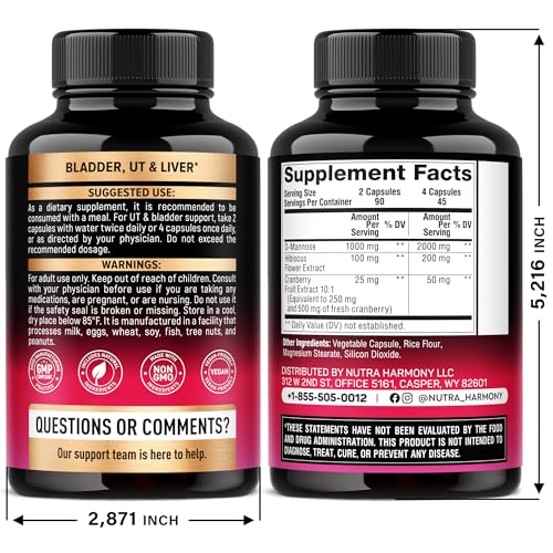 D-Mannose 2000mg with Cranberry & Hibiscus - Clinically Tested Strength for Urinary Tract Health - Supplement for Women - Bladder, Liver & Microflora Support - Made in USA - Vegan, 180 Capsules