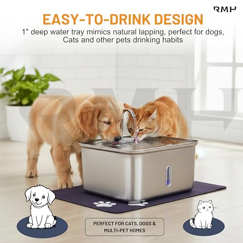 7L Stainless Steel Cat & Dog Water Fountain with 12×16 Waterproof Anti-Slip Mat, Automatic Pet Water Fountain with Quiet P...