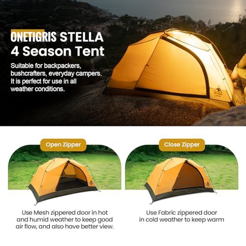 OneTigris Stella 4 Season Camping Tent Backpacking 2 Person Waterproof Lightweight Easy Setup Instant 3000mm Waterproof Ra...
