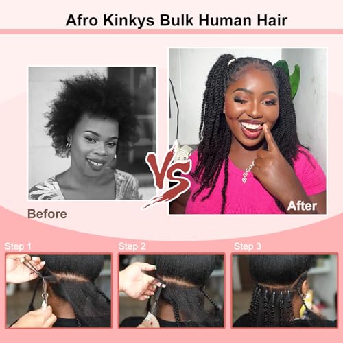 22 Inch Afro Kinkys Bulk Human Hair for Dreadlocks Extensions 2 Bundles 100g Afro Kinky-curly Human Braiding Hair Bundles for Mini Twist