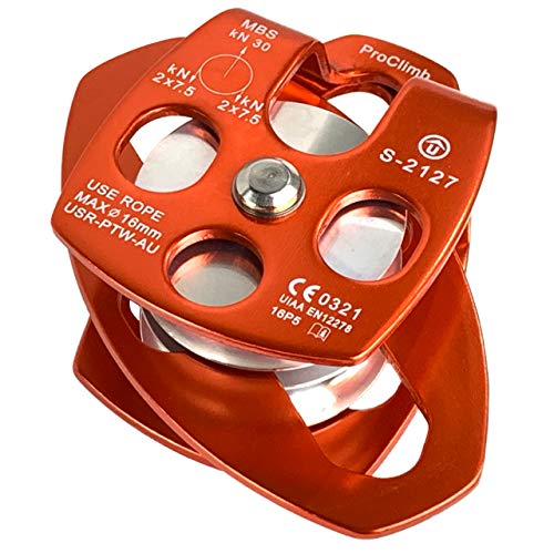 ProClimb 30kN Large Aluminum Rope Pulley - Single/Double Sheave, CE/UIAA Certified