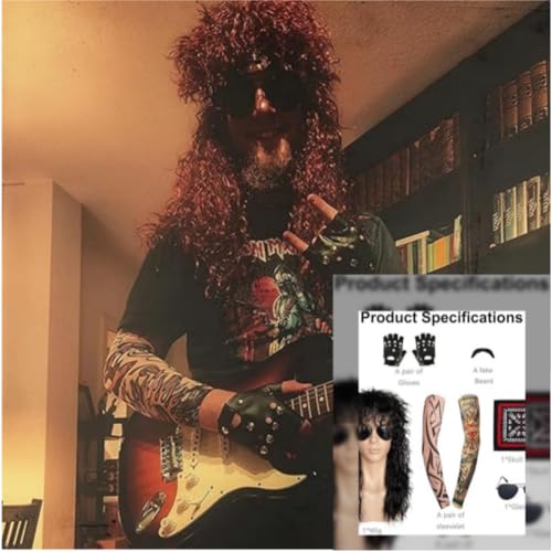 Svzadipe 7 Pcs Rocker Costume Men's Curls Disco Party with Wigs Sunglasses Beards Sleeves Gloves Headscarves for 70s 80s 90s