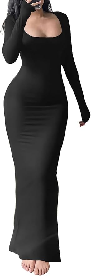 HBQ Women's Bodycon Maxi Dress Long Sleeve Square Neck Lounge Dresses Sexy Night Out Party Dress
