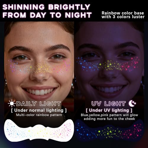 HOSAILY 8pcs Rainbow Face Glitter Freckles Temporary Tattoos, Glow Under UV Light in The Dark Neon Blacklight Multichrome ...