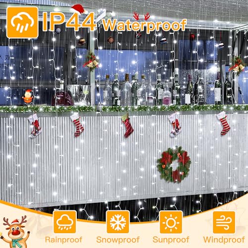 Ollny Curtain Lights 6.6x6.6ft, 200 LED White Christmas Lights with Remote 8 Modes Dimmable Timer, USB Power String Light ...