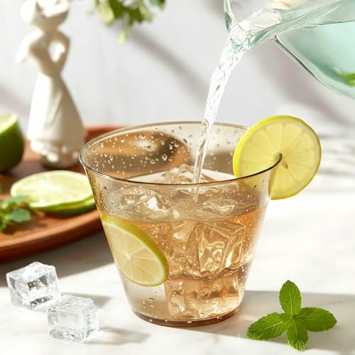 Glowserve 150 Pack Plastic Cups 9 oz Brown Clear Plastic Cups for Cocktail Fancy Disposable Cup for Party Stemless Wine Gl...