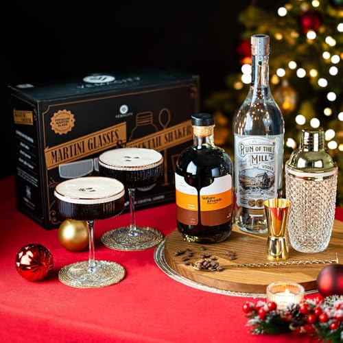 VEMACITY - Luxury Gold Cocktail Shaker Set - 15oz Glass Shaker with Strainer + 2 Gold-Rim Ribbed Martini Glasses (10oz) & ...