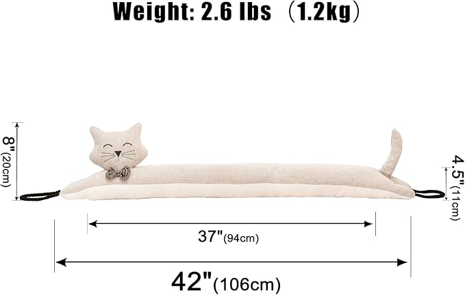 Marwood Under Door Draft Stopper Decorative Wind Stopper 42 inch for Door & Window, Weighted Animal Air Draft Stopper Snake Noise Blocker for Bottom of Door with Hanging Loops - Khaki Cat
