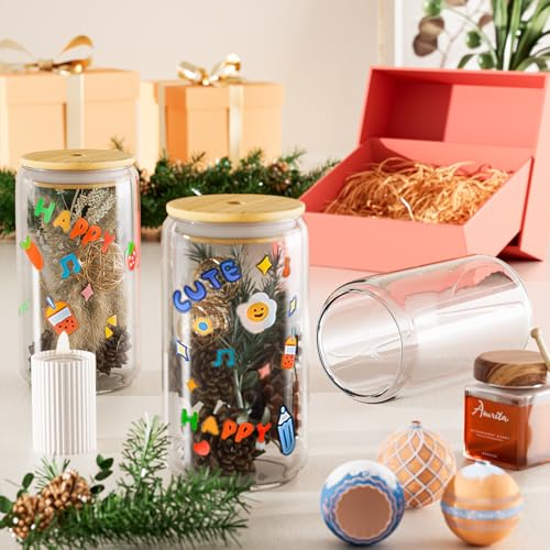 12Pcs Glass Cups with Lids and Straws - 16oz Can Shaped Drinking Glasses Set, Iced Coffee Cup, Beer Glasses Tumbler for Ju...