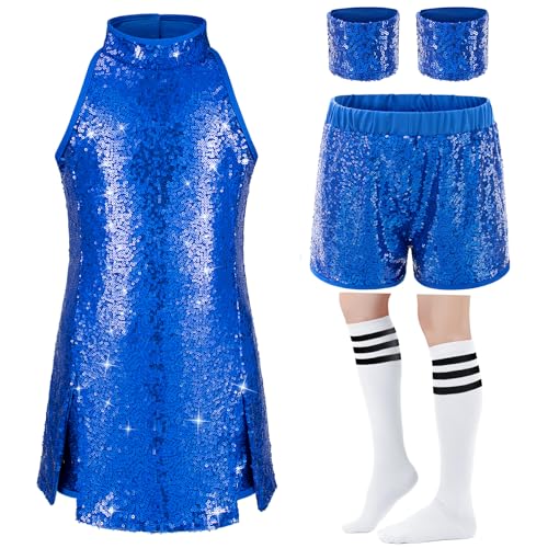 Girls Sequins Dance Outfit Dress Kids Sparkle Jazz Singer Star Costume Top Shorts 4PCS Set 3-14 Years