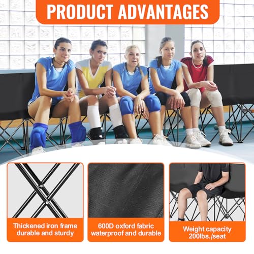 VEVOR Portable Folding Bench, 8 Seats Foldable Sideline Bench, Outdoor Camping Bench Chair with Carry Bag & Backrest, Team Sport Sideline Bench for Football Fishing, No Assembly Instant Seating, Black