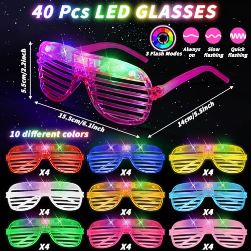 80 Pcs Glow in the Dark Party Supplies Light Up Party Favors 40 LED Light Up Glasses 40 LED Flower Crown Headband Glowing ...