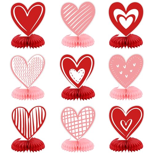 9Pcs Valentine's Day Honeycomb Centerpieces 3D Conversation Heart Tabletop Decorations Red Pink Love Table Topper Centerpi...