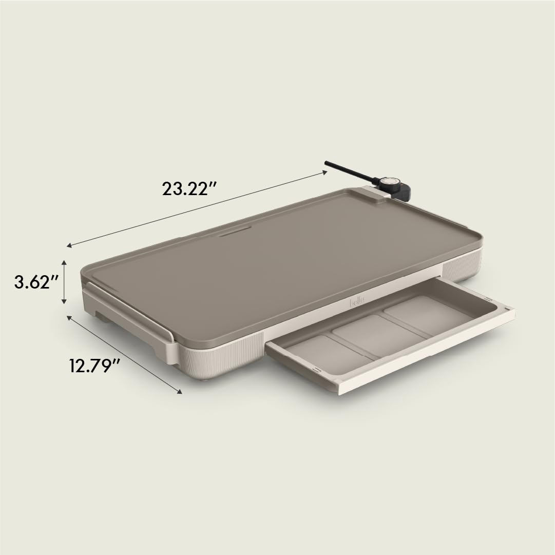 bella 12" x 22" Electric Griddle with Warming Tray, EverGood™ Ceramic Nonstick Coating & Removable Temperature Probe, Dishwasher-Safe Drip Tray & Cool Touch Handles, 1500 Watt, Oatmilk