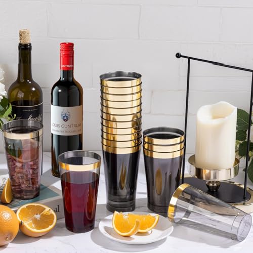 LIYH 100 Pcs Gold Plastic Cups - 16 OZ Clear Black and Gold Rim Plastic Wine Cups Big Size Fancy Disposable Wine Glasses P...