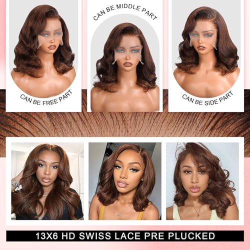 Brown Wig Human Hair 200% Density 13x6 Body Wave Lace Front Wigs Human Hair Pre Plucked Short Wigs for Black Women Glueless Frontal Wig Human Hair Loose Wavy 16 inch