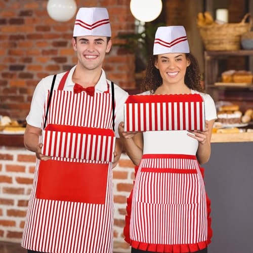 SATINIOR 8 Pcs Couple Waiter Costume Kit Circus Soda Jerk Popcorn Hot Dog Costume Apron Chef Hat Bow Ties Snack Tray for 1...