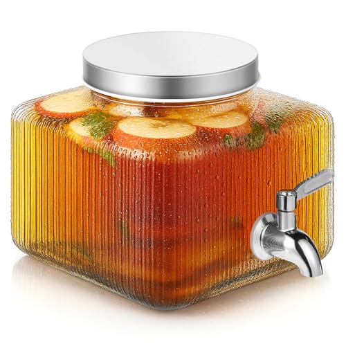 Drink Dispenser for Fridge, Drink Dispensers for Parties,1 Gallon Glass Beverage Dispenser with 100% Leakproof Stainless S...