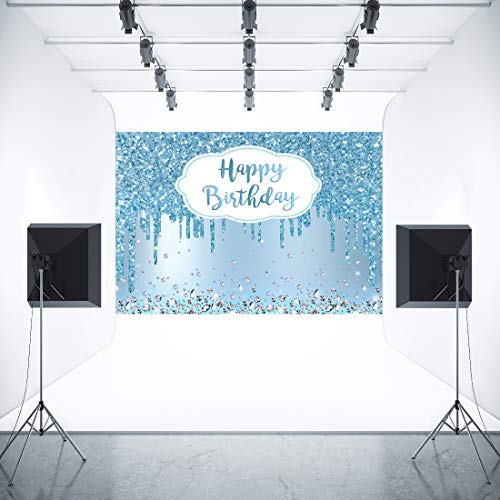 Aperturee 7x5ft Blue Happy Birthday Backdrop Glitter Diamonds Girls Sweet 16 18th 21st 30th 40th 50th Women Photography Ba...