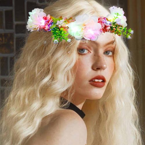 Foyte Flower Headbands Light up Floral Hair Wreath LED Flower Headband Crown Boho Glowing Headpiece for Women