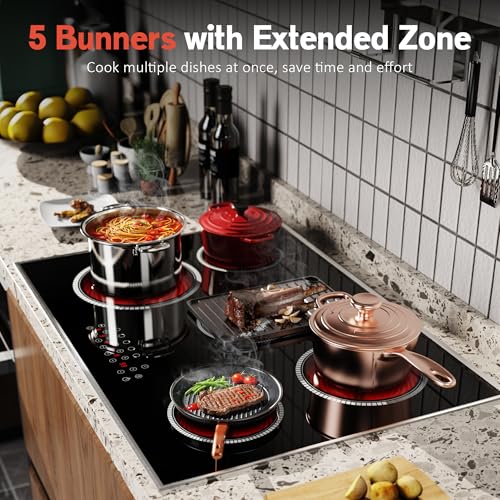 Pladeca 30 Inch Electric Cooktop, 5 Burner Electric Stove Top Touch Control, 8400W Built-in Ceramic Stovetop Burner 30" wi...