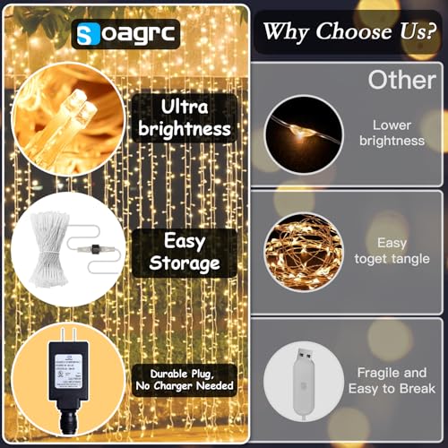Soagrc 300 LED Curtain String Lights 9.8FT Plug in Fairy Lights with Timer and 8 Modes, Waterproof Window Wall Lights for ...