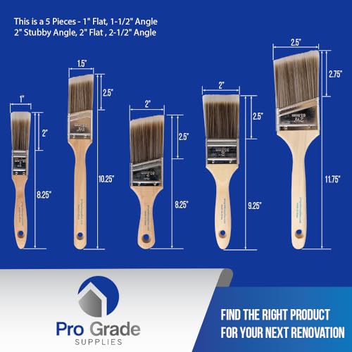 Pro Grade, Paint Brushes, 5-Piece, Paint Brush Set: Flat & Angle Brushes for Latex and Oil Paints, Stains, Interior & Exte...