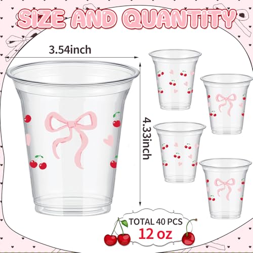 SYUCVQI 40 Pcs Cherry Plastic Cups Pink Bow Drinking Cups for Coquette Party Supplies 12oz Disposable Cup for Pink Cherry ...