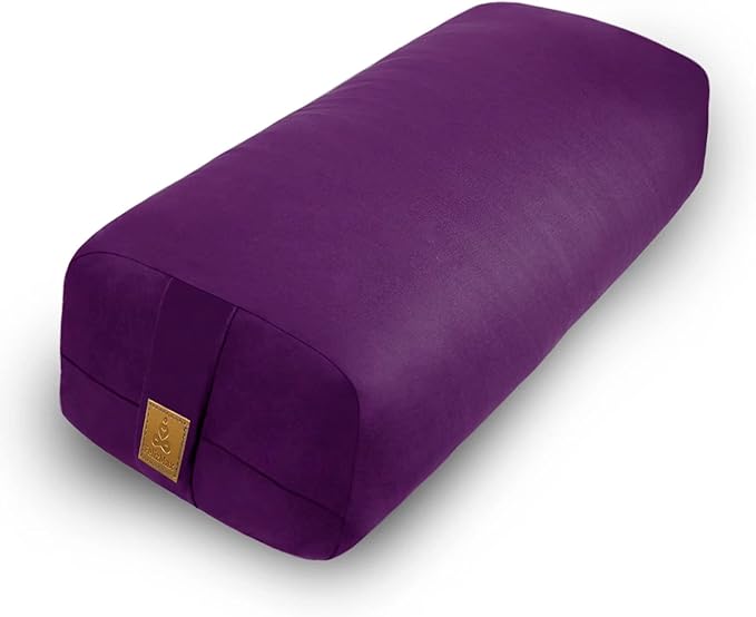 Yoga Bolster Pillow 26x10.5x5.5in Rectangular Meditation Cushion for Massage and Back Support, Breathable Cotton Fill, Zippered Organic Cotton Cover, Easy-Carry Handle, Machine Washable (Purple)