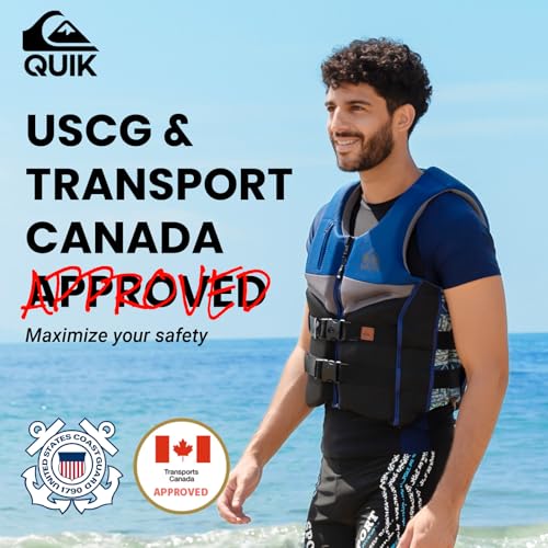 QUIKSILVER Men's Life Vest, USCG and Transport Canada Approved Type III PFD, Evoprene Life Jacket for Boating Kayaking Raf...