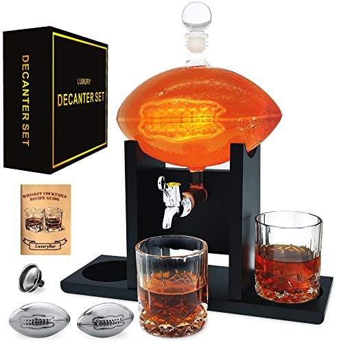 Football Whiskey Decanter Set with Glasses Spout Football Chiller,47oz Whiskey Decanter Sets for Men,Tequila Liquor Decant...