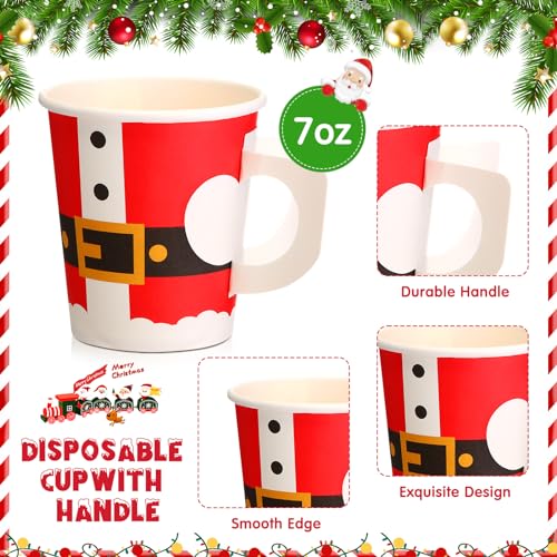 Maxcheck 150 Pcs Christmas Paper Cups 7oz Disposable Christmas with Handles Santa Snowman Elf Tea Coffee Cups Hot Chocolat...