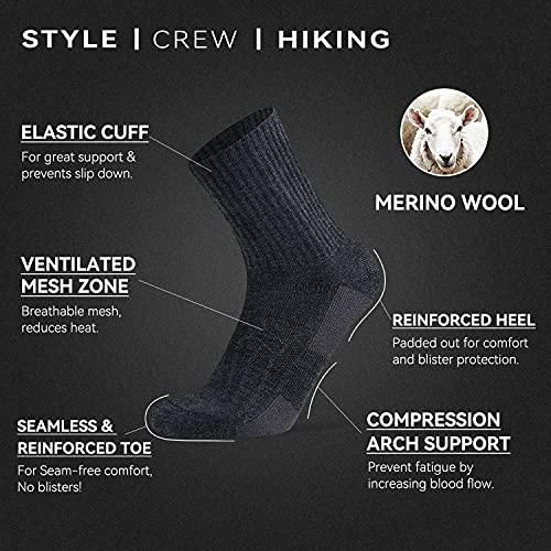 Socks Daze Merino Wool Cushioned Hiking Socks for Men Women, Warm Crew Walking & Boot Socks for Trekking, Work, Outdoor