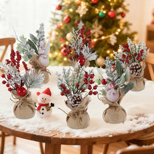 winemana 6 Pcs Mini Christmas Tree Table Decorations, 9" Small Artificial Trees with Red Berries Pine Cone Tabletop Center...