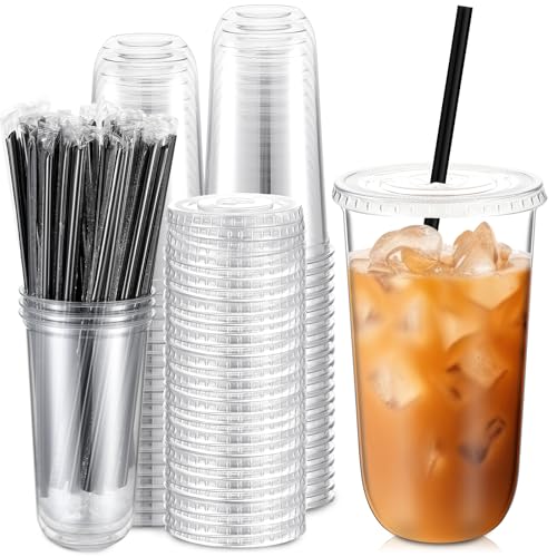 Ziliny 50 Set 20 oz Clear Plastic Cups with Lids and Straws, Disposable Iced Coffee PET Cups for Drinking Cold Beverage Ju...