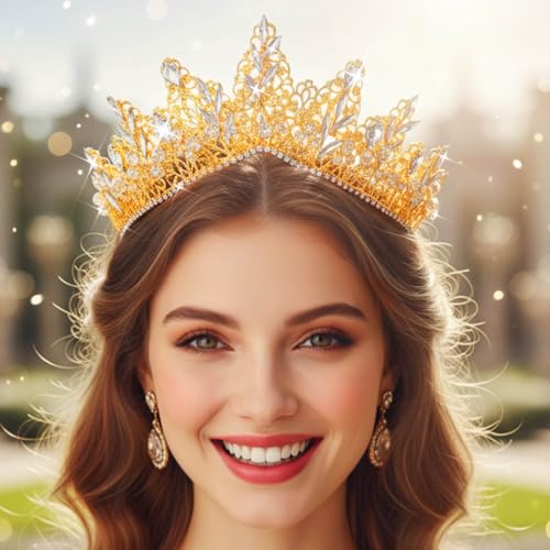 Yean Gold Rhinestone Crown Greek God Crowns and Tiaras Golden Wedding Queen Crown for Women