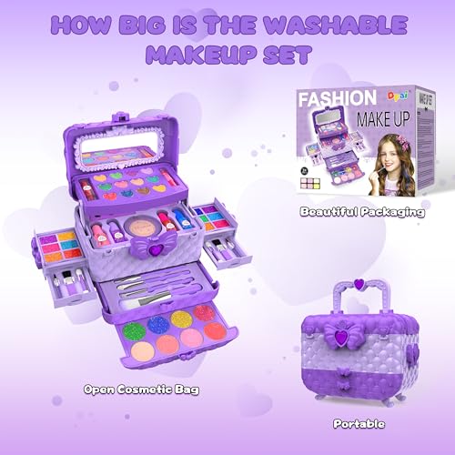 54 Pcs Kids Makeup Kit for Girls, Princess Real Washable Pretend Play Cosmetic Set Toys with Mirror, Birthday Gifts for 3 ...