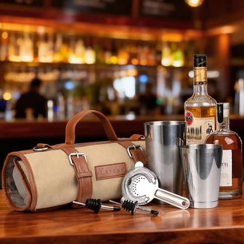 Etens Bartender Travel Kit with Waxed Bag | 22 Piece Bar Set in Roll | Portable Cocktail Tools for Home & Travelling Barte...