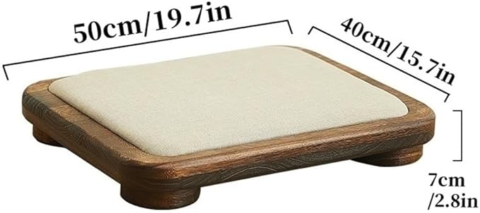 Japanese Tatami Low Stool, Solid-Wood Floor Chair with Cushioned Linen, Bedside Bench or Low Table Seating, Footrest for Meditation(50 * 40 * 7cm)