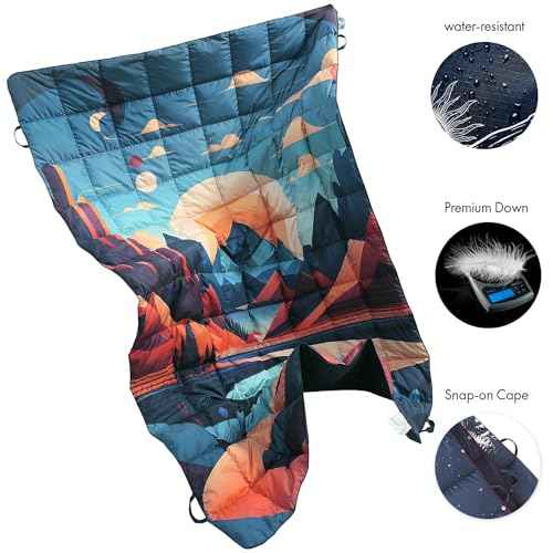 Down Camping Blanket, Ultralight Compact Packable Throw with Snaps for Outdoor Indoor, Travel Stadium Concert Picnic Beach, Puffy 650 Fill Down Water-Resistant Quilt (Mountain Sunset)