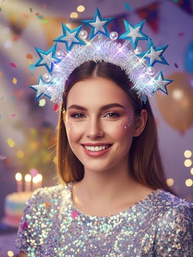Lorealri Light Up Star Crown Headband, Blue and Silver Glitter Stars, LED Rave Party Costume Headwear Accessory for Women