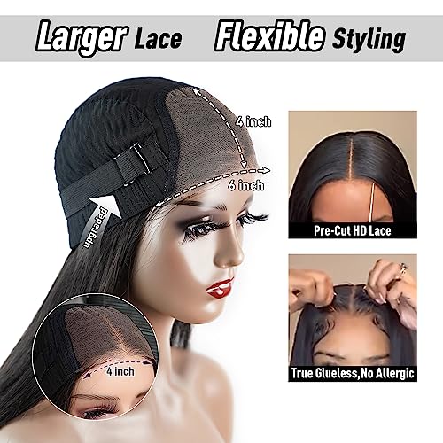 Wear and Go Glueless Bob Wig Human Hair Straight, 6x4 Pre-Cut HD Lace Glueless Wigs Pre-Plucked, Transparent Lace Front Closure Wigs for Women 180% Density 14 inch