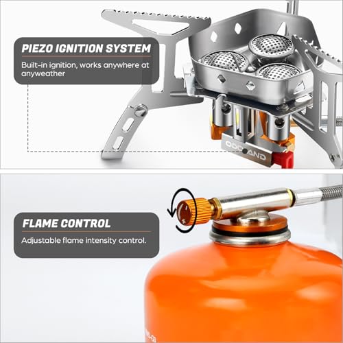 Odoland 3500W/6800W Windproof Camp Stove Camping Gas Stove with Windscreen, Fuel Canister Adapter, Piezo Ignition for Outd...
