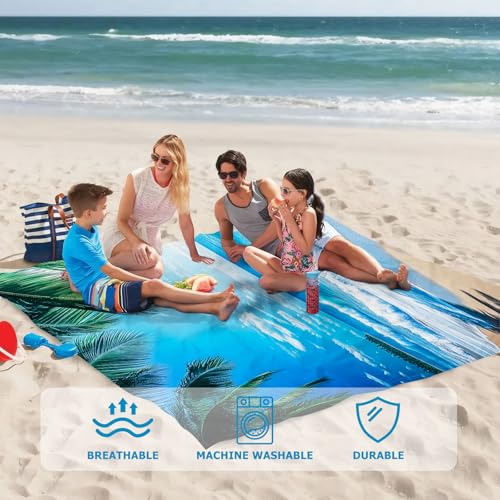 Beach Blanket Waterproof Sandproof, Palm Tree Oversized Extra Large Picnic Mat 83"×95"/8 × 7 FT for 1-7 Adults for Travel ...