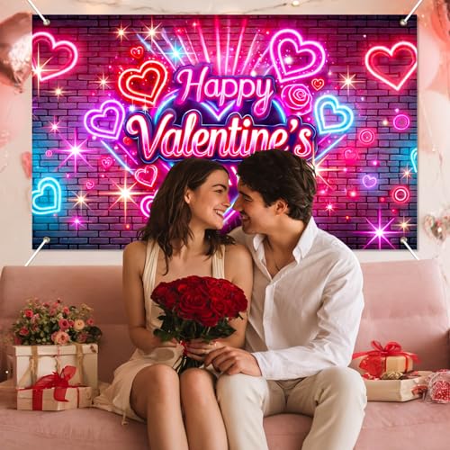 BlissYard Valentine’s Day Neon Banner Happy Valentine Backdrop Love Heart Light Effect Background for Valentine Party Deco...